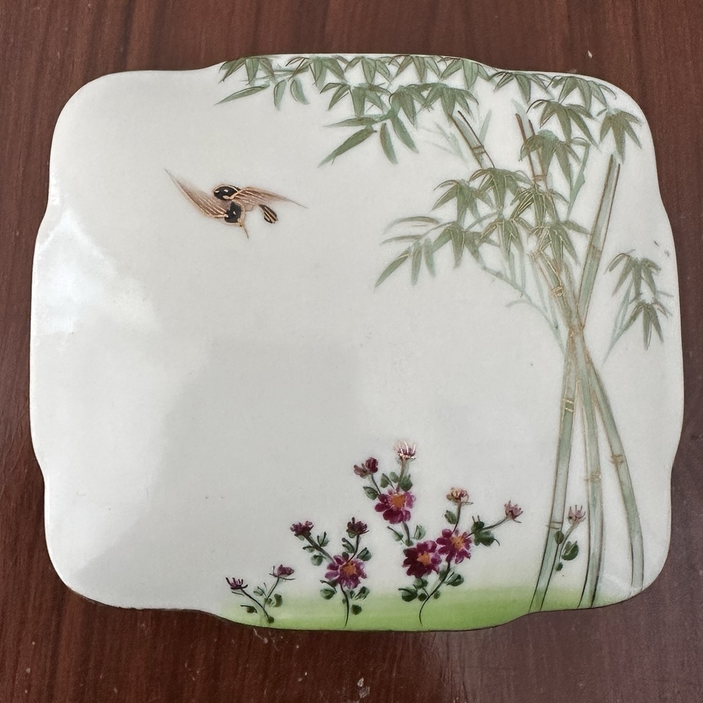 VTG Porcelain Trinket Box 4 Inch Flower Bird Bamboo Tree Occupied Japan Signed